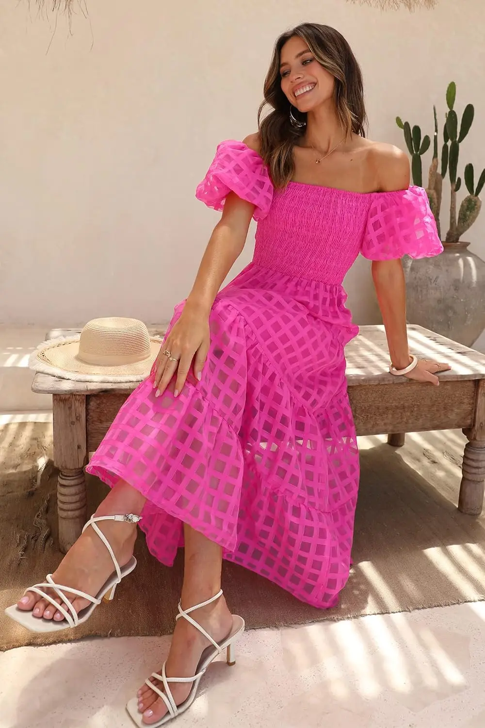 Women Off Shoulder Puffy Short Sleeve Square Neck Tiered Ruffle Midi Dress