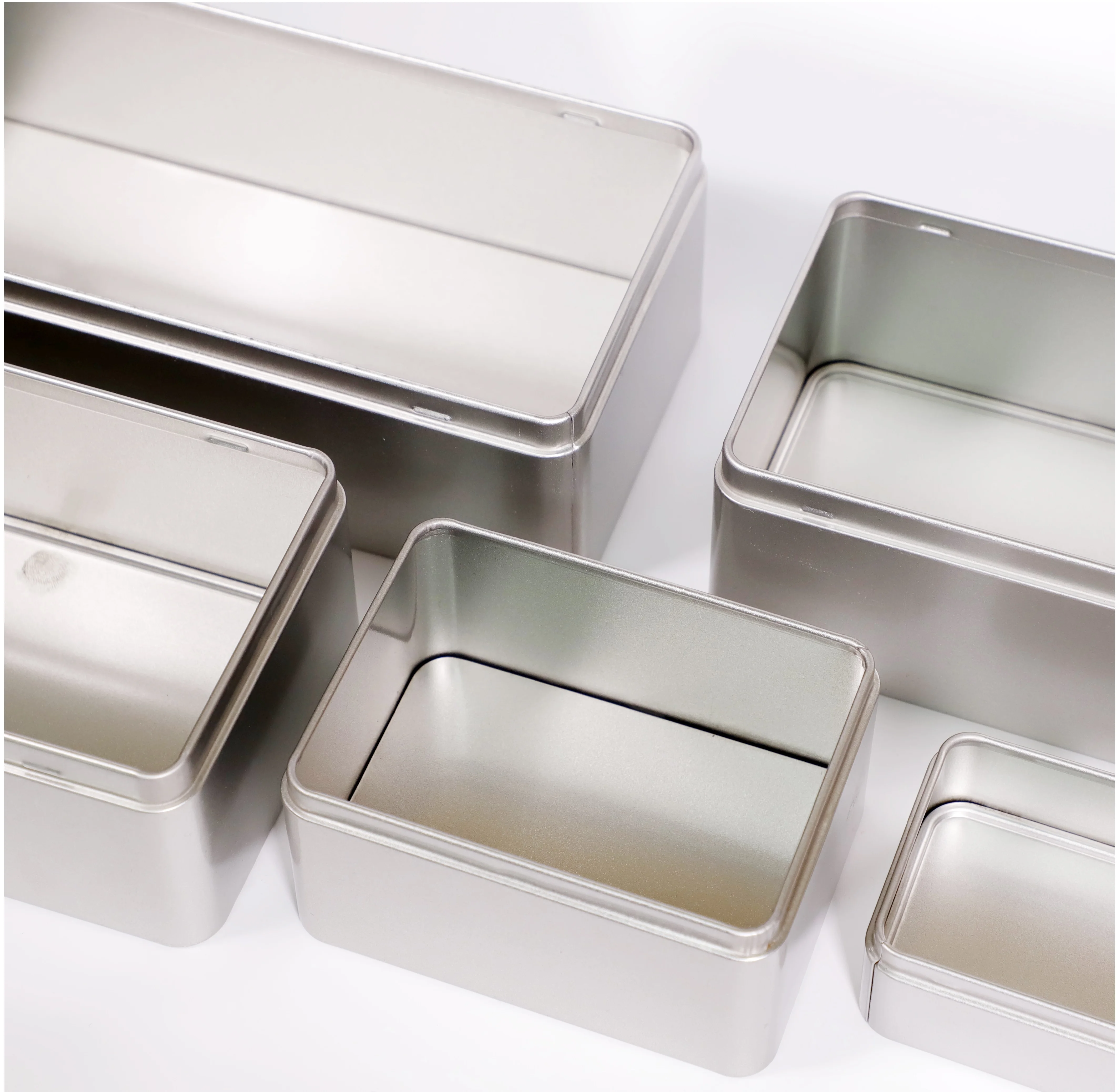 Factory Wholesale Custom Rectangular Empty Food Grade Large Silver Tin Tea Bag Cake Tin Cookie Metal Tin For Packaging