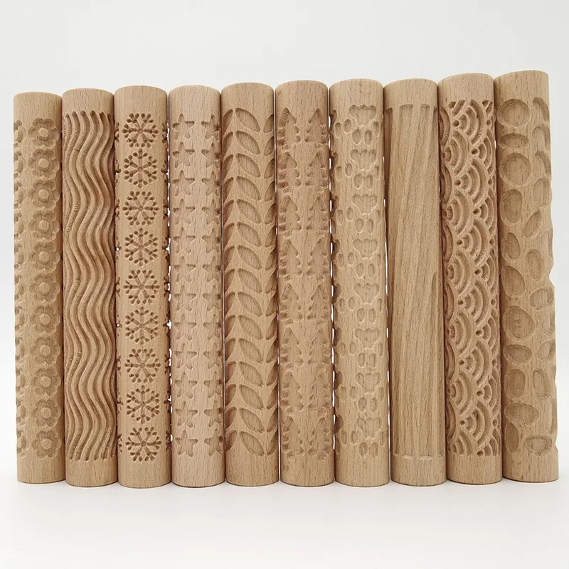 2mm Depth Pattern Hand-made Wooden Textured Rolling Mud Embossed Stick with Pattern Pottery Tools