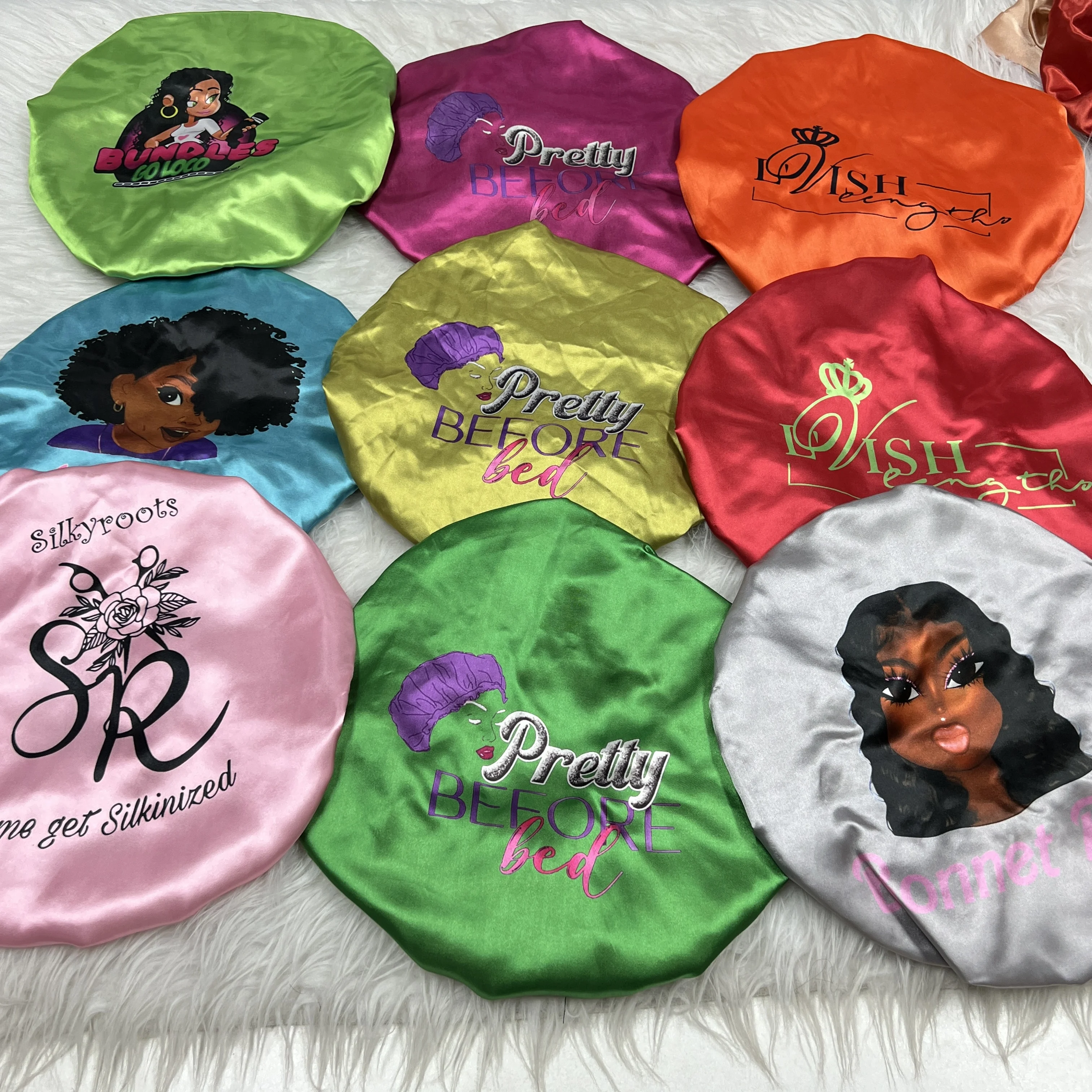 No Logo Soft Satin Bonnet Silk Sleeping Shower Cap double sided reversible bonnet