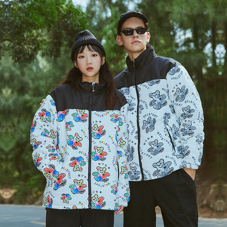 Wholesale Bear Print Anime Women Clothing Korean Winter Thick Custom Logo Padding Colorful Puffer Zip Coat Jacket Men