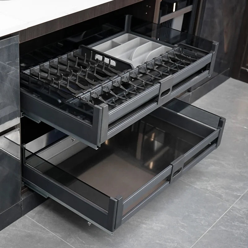 Kitchen Fitting Accessories Cabinets Adjustable Organizer Storage Rack Sliding Dish Drawer Corner Glass 4 Sides Pull Basket