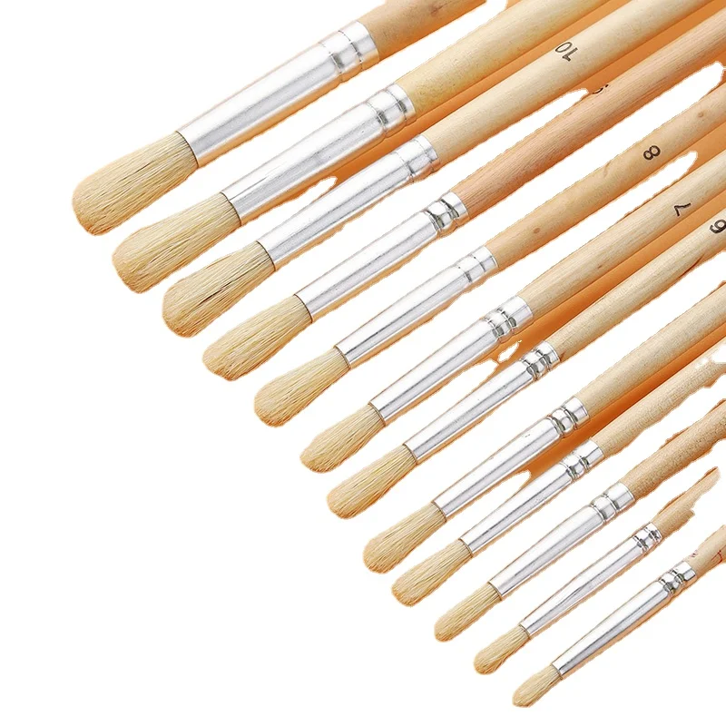 Factory Direct High Quality Natural Bristles Round Shape Wood Handle Different Size Artist Oil Painting Brush Set