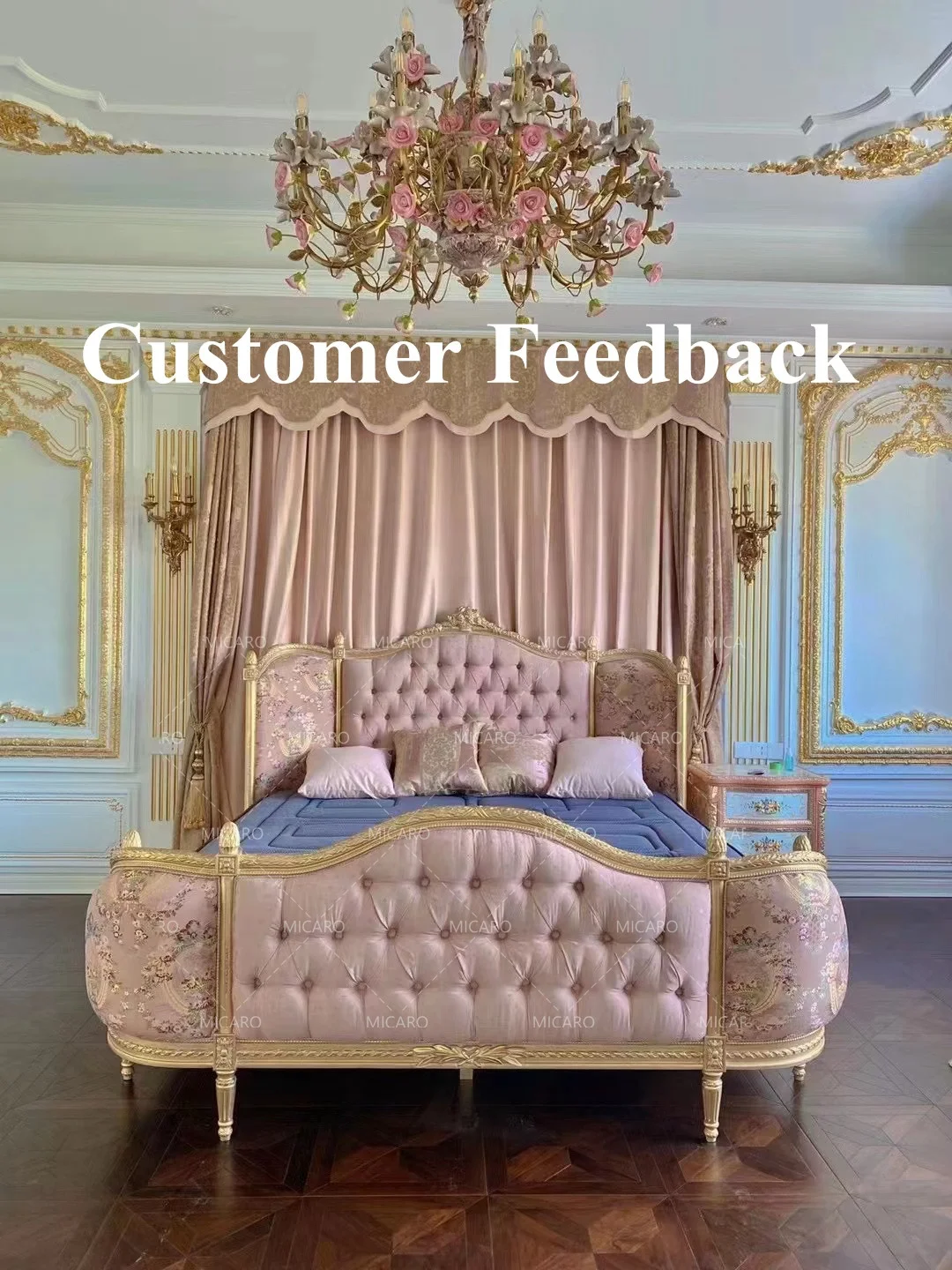 Luxury European style French classic solid wood gold bedroom furniture set for girls