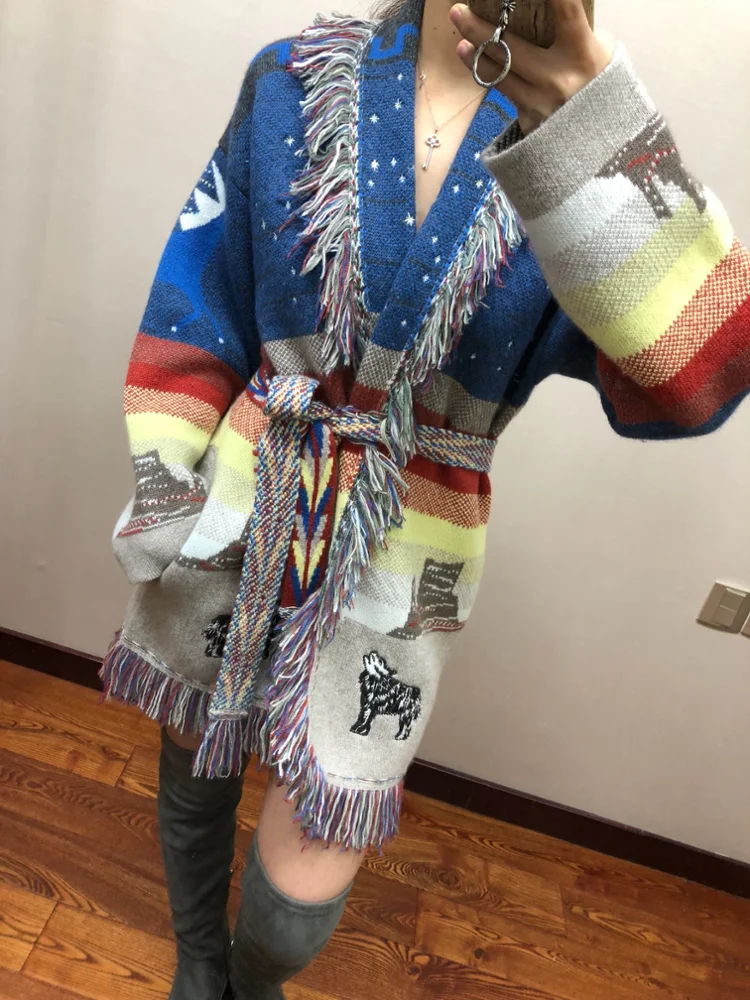 Women Winter Vintage Wolf Printed Long Sleeves Plus Size Cashmere Sweater Cardigan