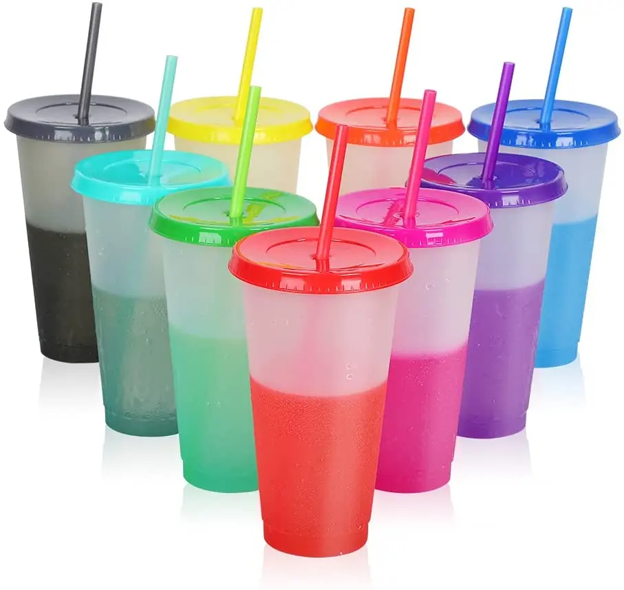 Reusable Plastic Tumblers with Lids & Straws 24oz Large Color Changing Cups for Adults Kids Women Party Tall Iced Cold Straw Dri