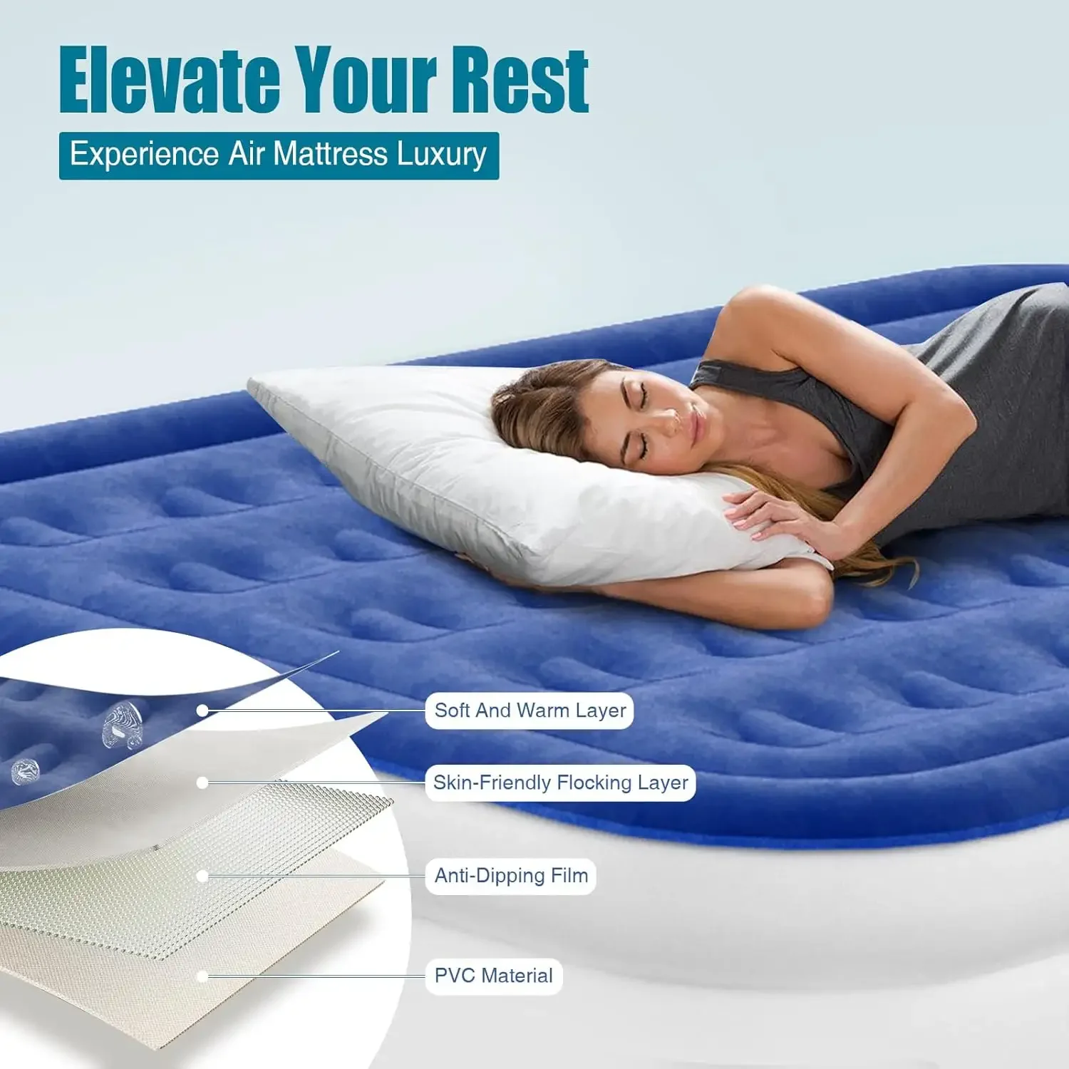 Custom Logo Foldable 16 inch Double Quick Self-inflating Air Mattress with Soft Flocked Top Layer