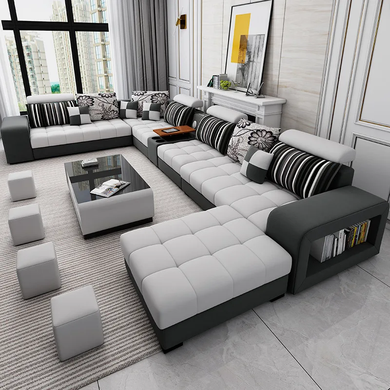 Simple modern fabric sofa set L-shaped wash-free sofa 7 seater large living room whole sofa set
