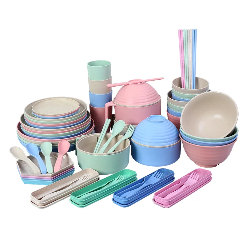 Wheat Straw Portable Tableware Set Plate Household Bone Dish round Square Plate Water Cup Rice Bowl Chopsticks Spoon Cutlery Set