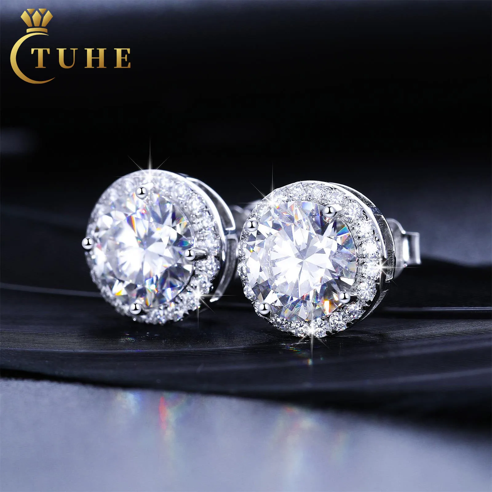 Pass Diamond Tester Fashion 5mm-8mm White Gold 925 Sterling Silver VVS Moissanite Diamond Push Back Halo Stud Earrings Men Women