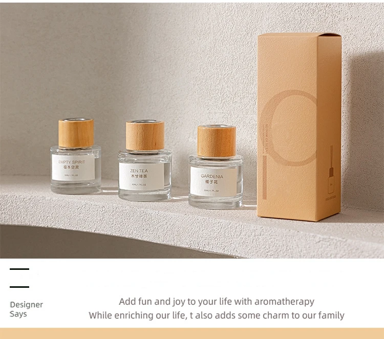 AROMA HOME Essential Oil 50ml Wooden Stick Stopper Lid Round Reed Diffuser With Glass Bottle Gift Box