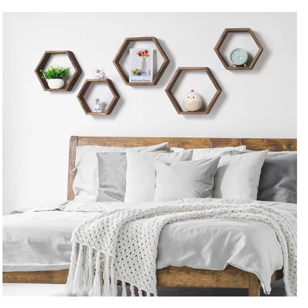 Wooden Hexagonal Floating Shelves Farmhouse Honeycomb Wall Storage Rack Decorative Wall Mounted Rack Kitchen Bathroom Use Home