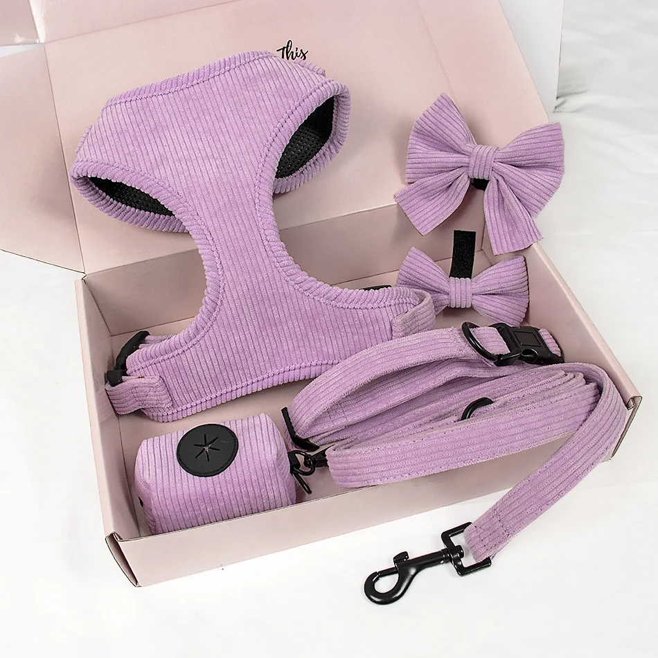 Soft velvet corduroy dog harness custom color pet harness vest and dog collar leash dog accessories