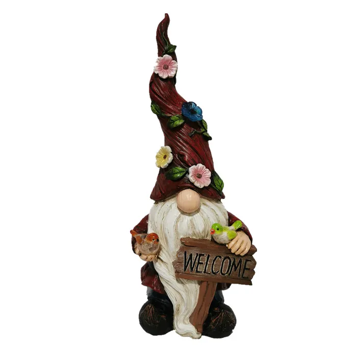 Top Grace Outdoor solar resin flower hat garden gnome with welcome brand
