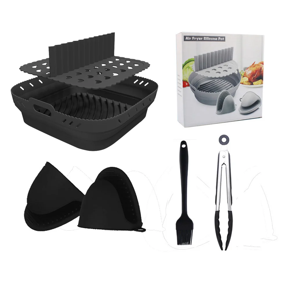 2023 New Air Fryer Reusable Folding Silicone Liner Pot with Divider Round / Square in Gift Box Package Custom Logo Available
