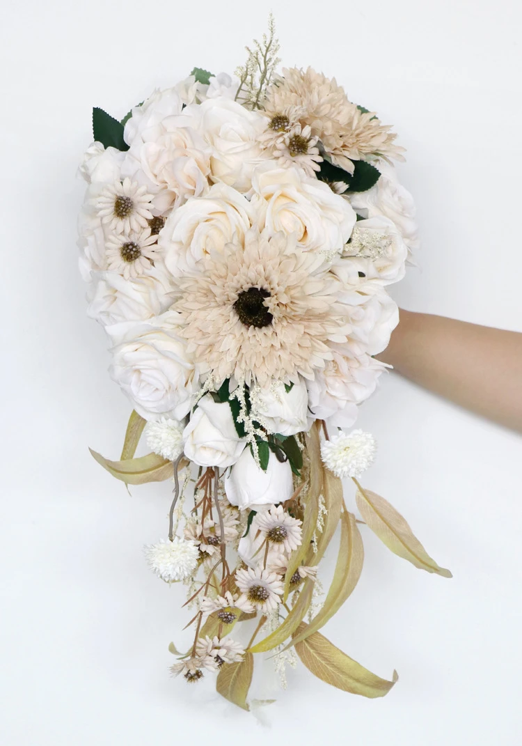 Diy wedding bouquets home faux sunflower artificial white silk flowers fake gold roses bridal bunch artificial flower bouquets