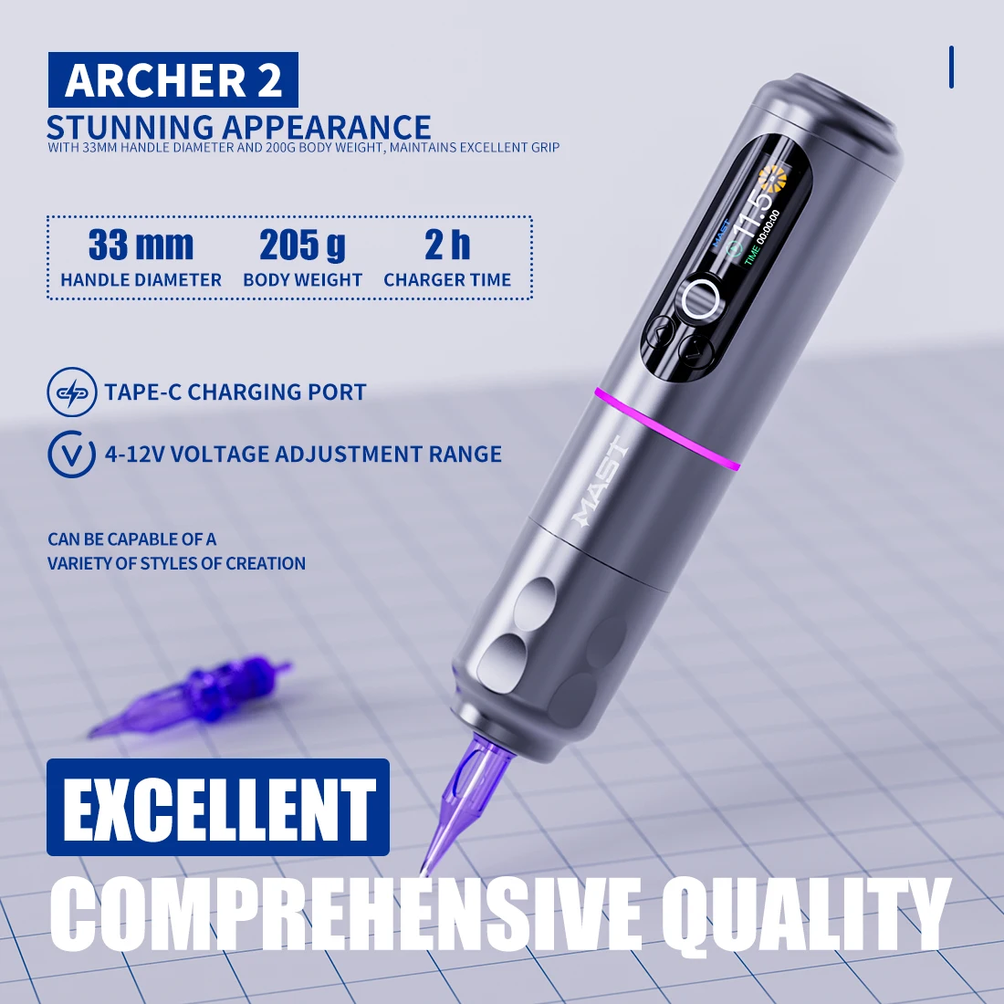 Mast Archer 2 Brushless Motor Professional Rechargeable & Wireless Tattoo Pen Machine 2000mAh
