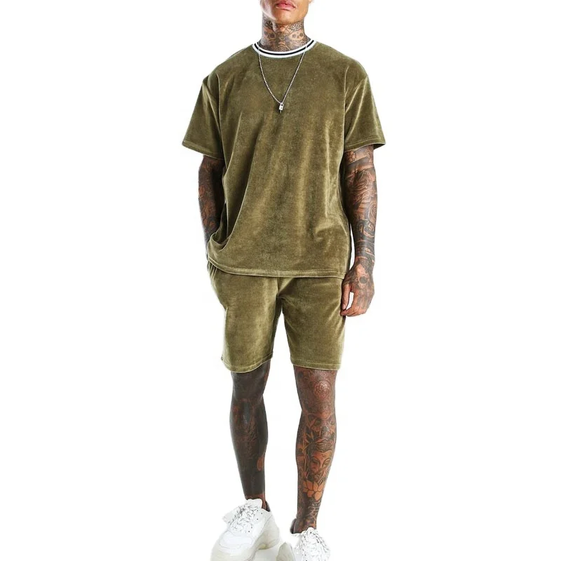 Spring summer Custom Rib crew neck Men Velvet Print Tracksuit Sweatsuit With Shorts velour tracksuit