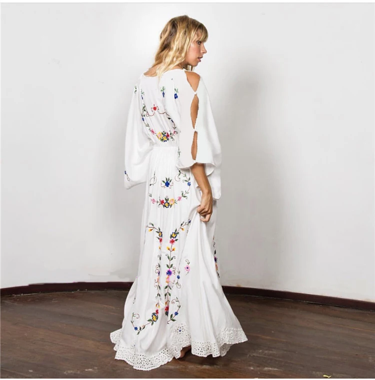 2022 Women's Floral Embroidery Loose Dress Long Sleeve Ruffles Chic Vintage Maxi Dress White Ethnic Party Elegant Dress Vest