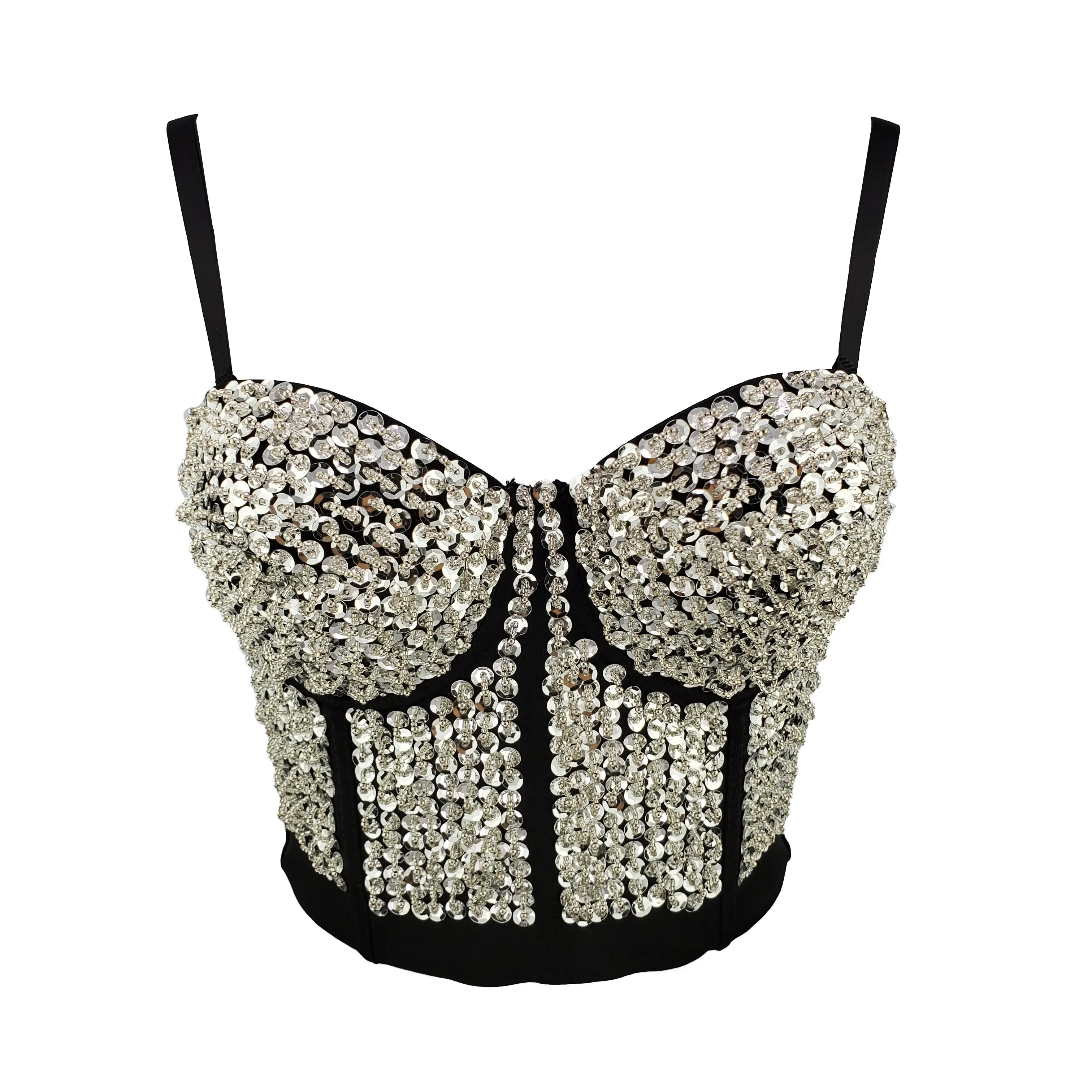 Women New Fashion Sequin Brassiere Silver Bead Chest Summer Sexy Padded Vestidos A Corset Bustier Body Corset Crop Tops R267