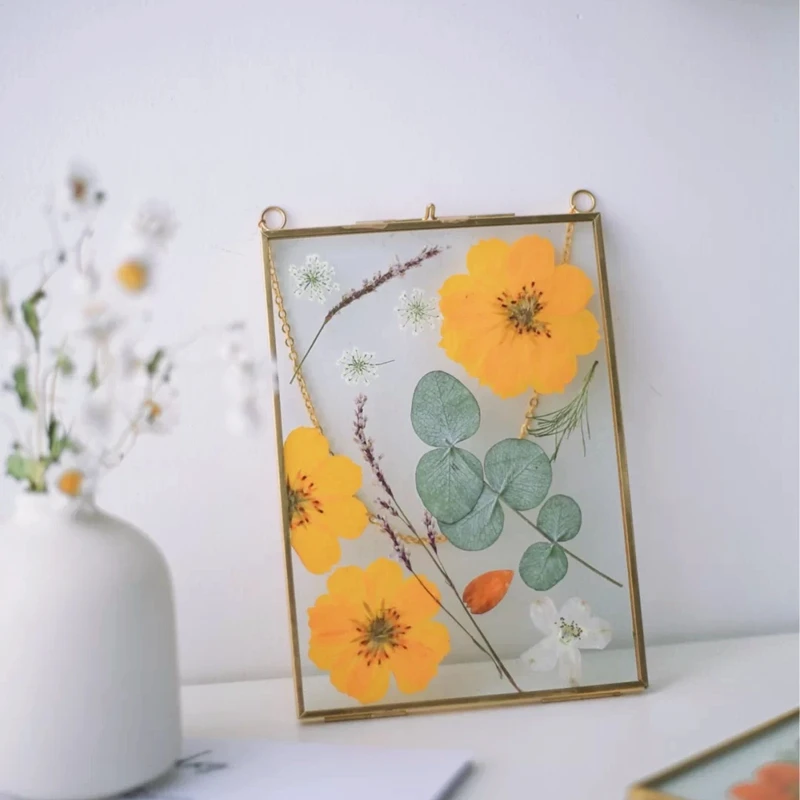 Vintage Brass Picture Plant Specimen Diy Dried Pressed Flower Hanging Painting Customization Transparent Metal Glass Photo Frame