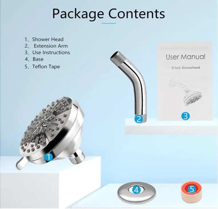 High Pressure Shower Head 7 Settings Fixed Showerhead High Flow Bathroom Showerhead with Adjustable Brass Ball Joint