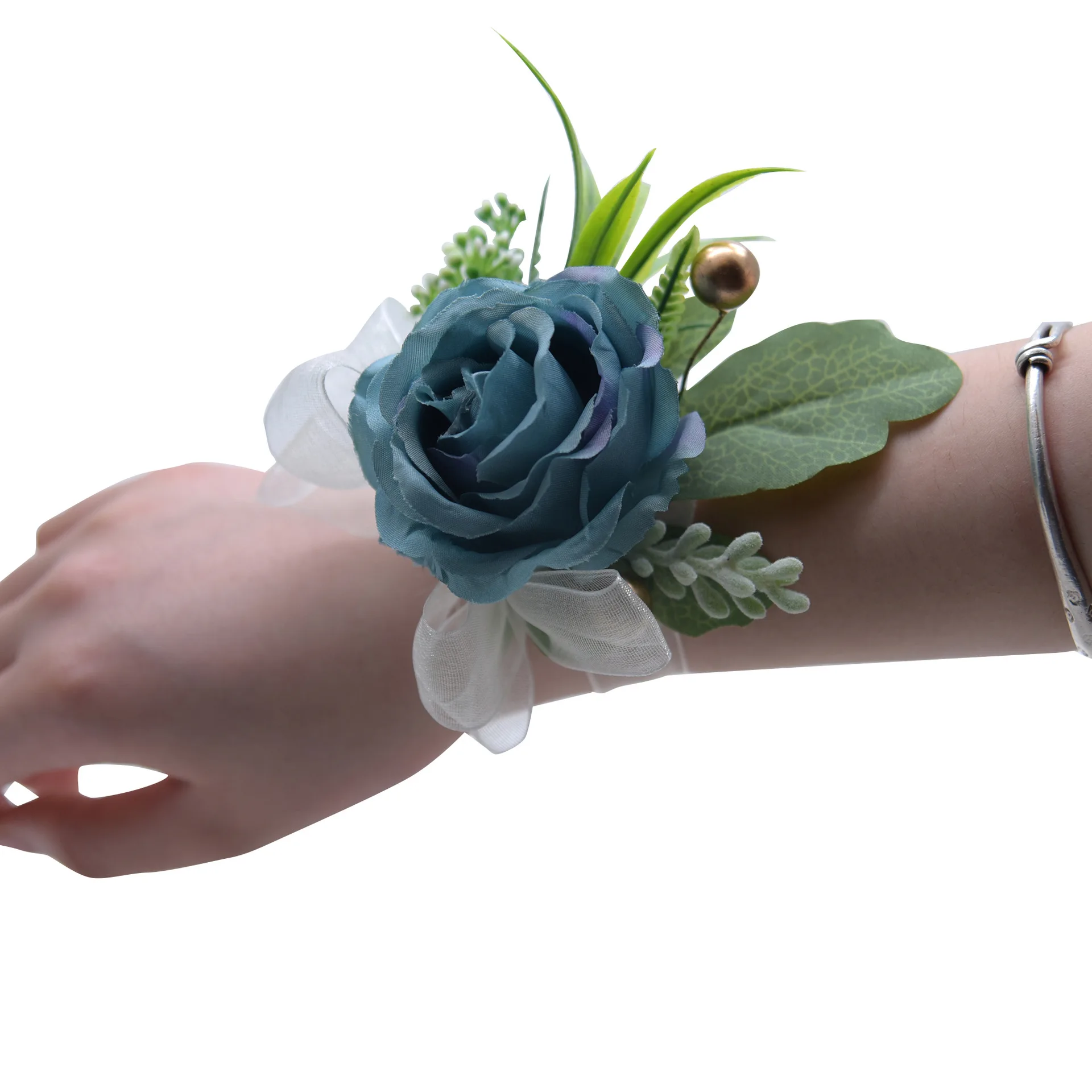 Bridal Wrist Corsage Wedding Bracelet For Bridesmaid Party Prom Ribbon Bracelet Artificial Roses Wrist Flowers
