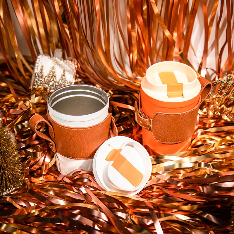 Everich 350 ml Custom Logo Office Camping Coffee Milk Mug Double Wall Stainless Steel  BPA Free Mug with Leather Sleeve