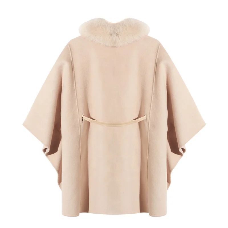 QIUCHEN- QC5069 pinkjava  women cashmere poncho with fox fur trim hood