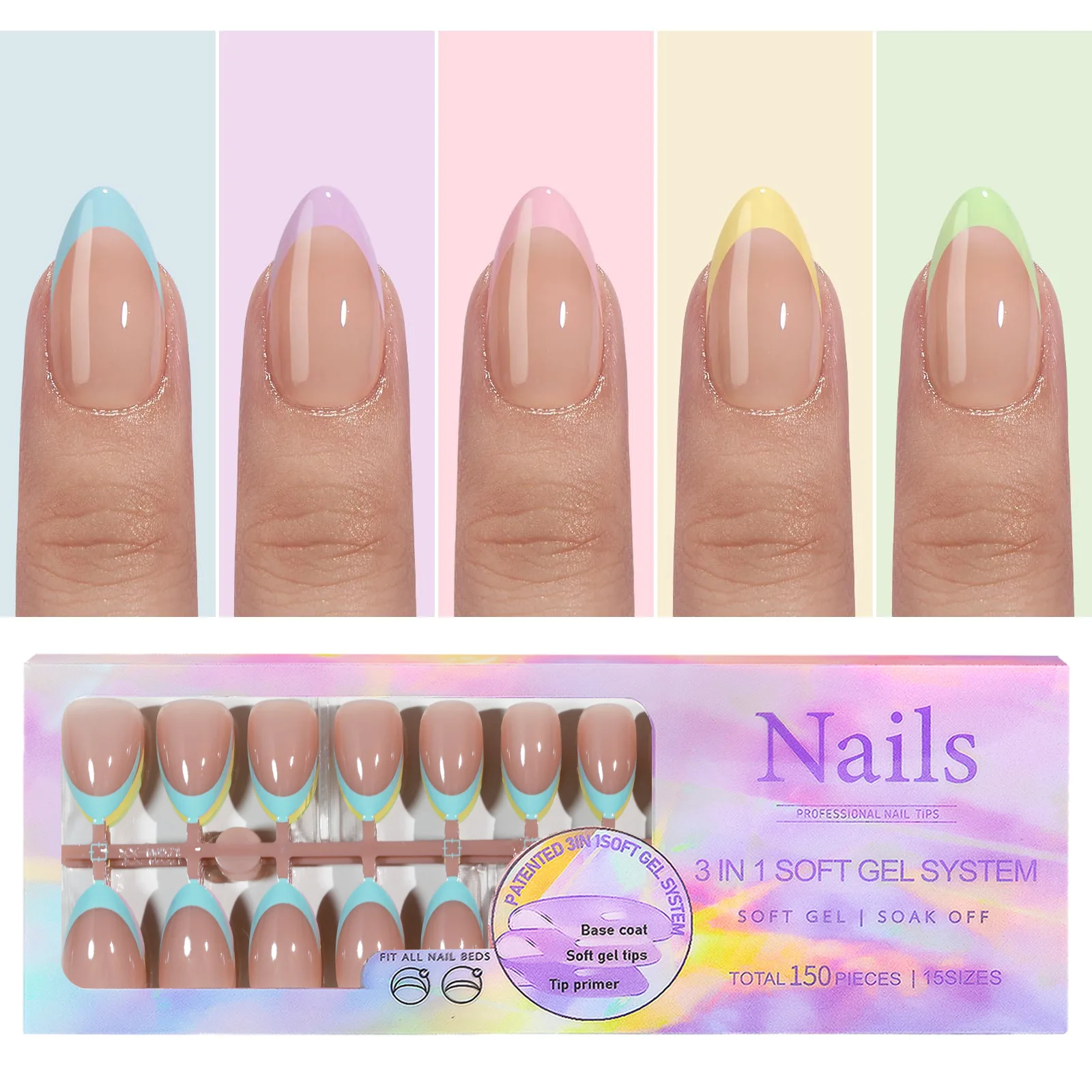 MIUKIULA New 3 in 1 Soft Gel Nail Tip 150pcs/Box  French X-coat Tips Acrylic Full Cover Nail Tips Press on Nails