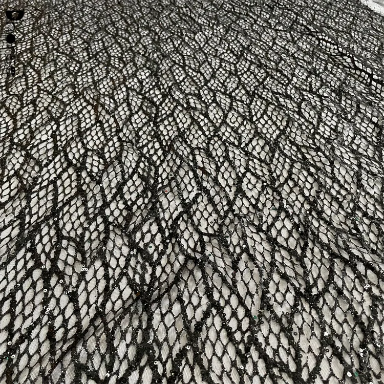 Elegant black sequin lace glitter tulle mesh fabric for evening dress