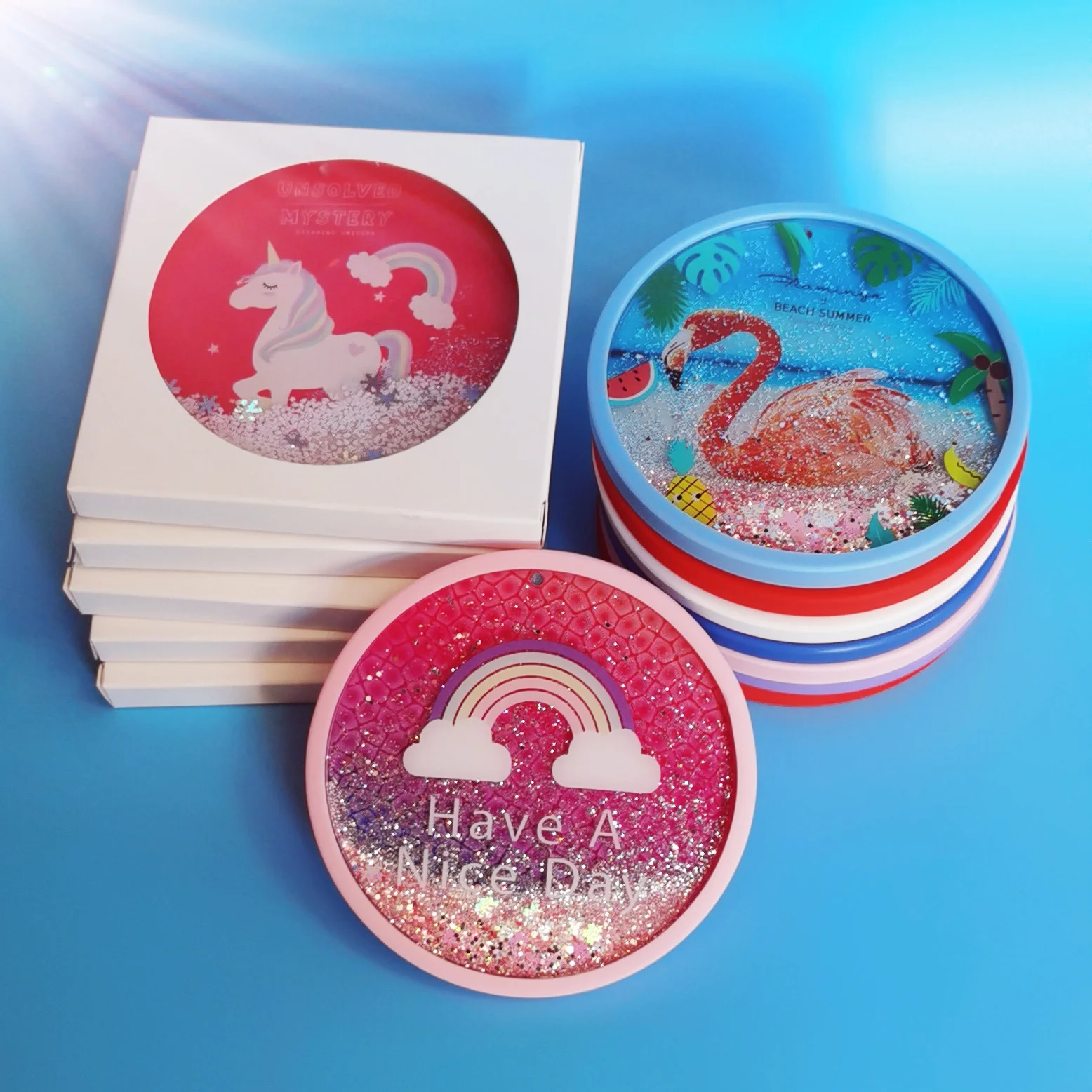 Luxury Liquid Glitter Acrylic Silicone Custom Table Christmas Drink Coffee Tea Cup Mug Coaster