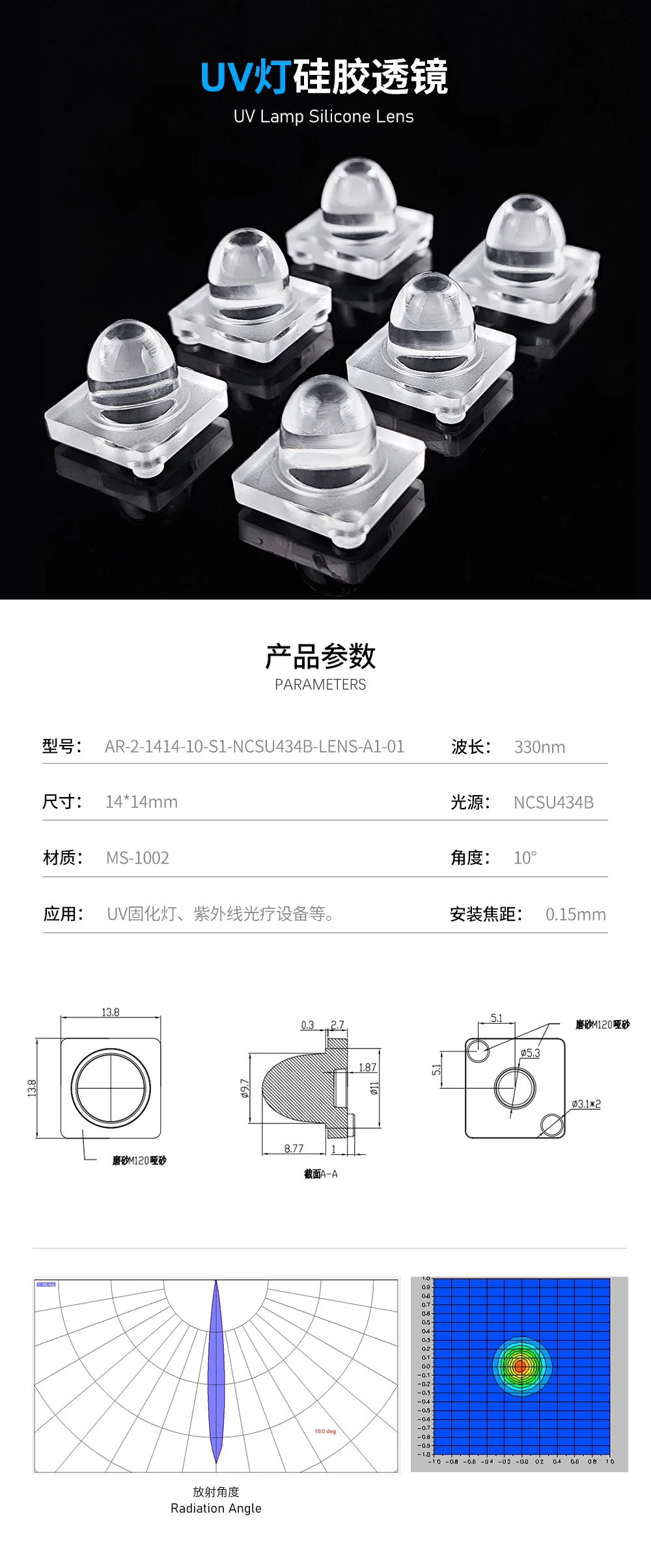 Factory OEM Direct Sales Plastic UV Silicone Lens UV 330nm Liquid silicone Lens for UV Curing Lamp for LCD 3D Printers