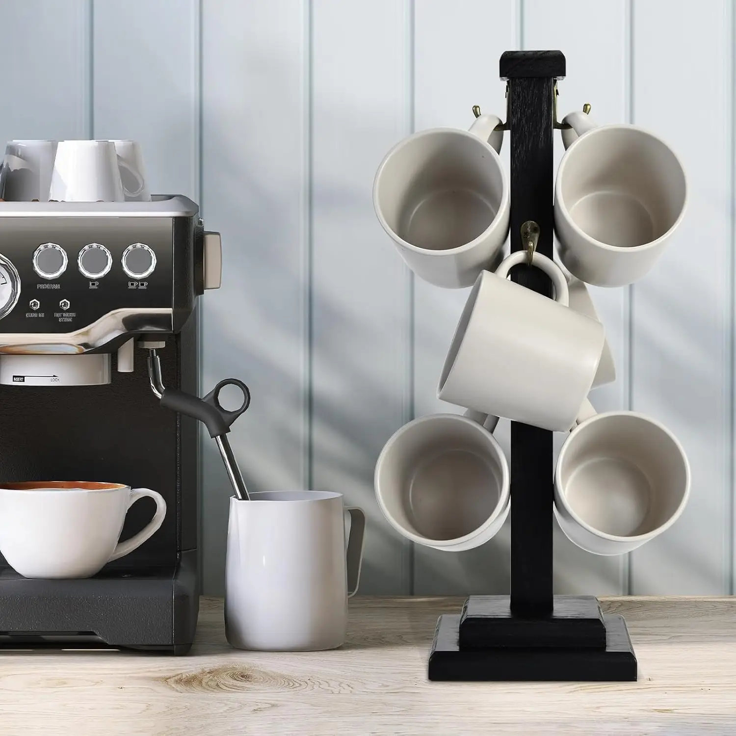 Rustic coffee cup Tree Stand 6 cups solid wood stand Space saving kitchen organizer Stylish and sturdy cup display stand
