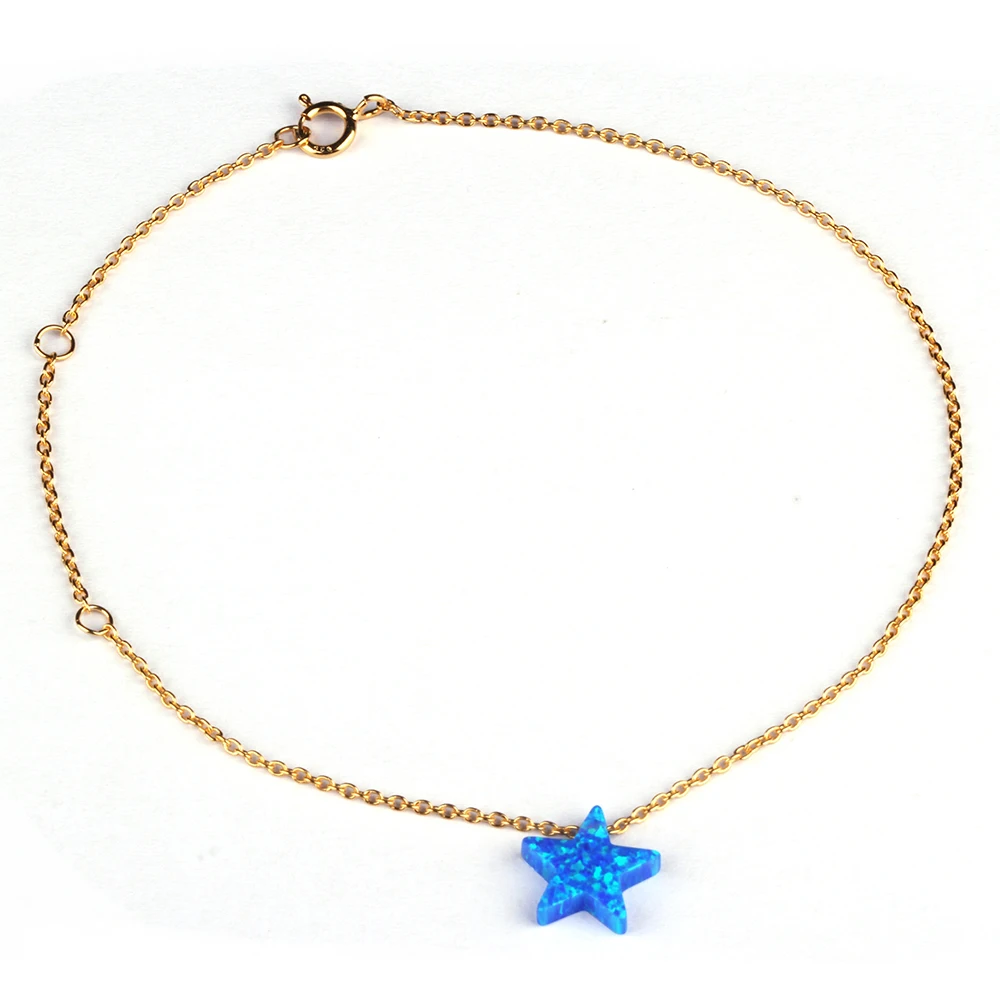 5 Point Star Charm Bracelet Sterling Silver Link Chain Synthetic Opal Jewelry Blue and White Star Bracelet