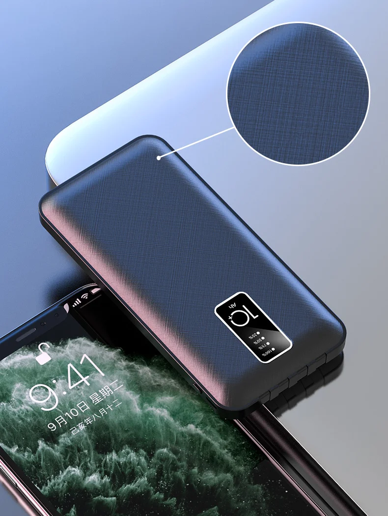 5v2a chaiging portable powerbank ultra thin for Android Type C power bank 10000mah 20000mah with cable digital power display