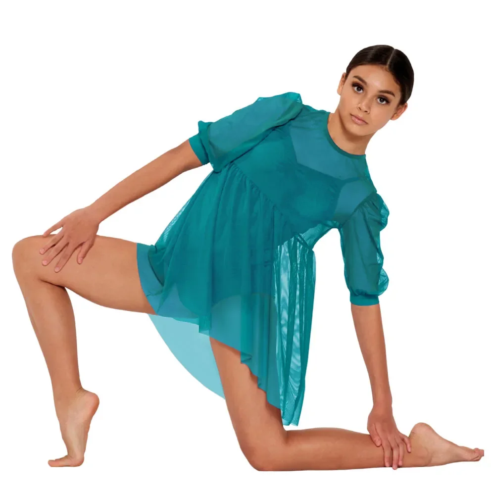 2 Pieces Babydoll Mesh Dress with Leotard Pullover Short Mini Skirt Puff Lantern Sleeves Girls Modern Lyrical Ballet Dance Wear
