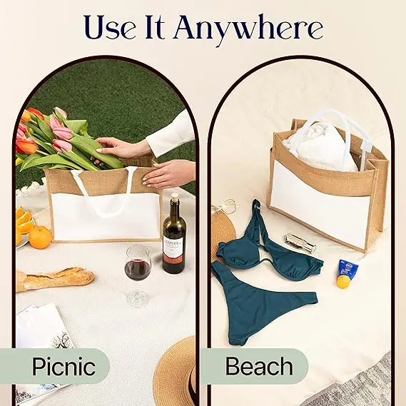 Custom logo Shopping Beach Lunch Holiday Gift Woven Handle Zipper Pocket White Jute Handbag For Women