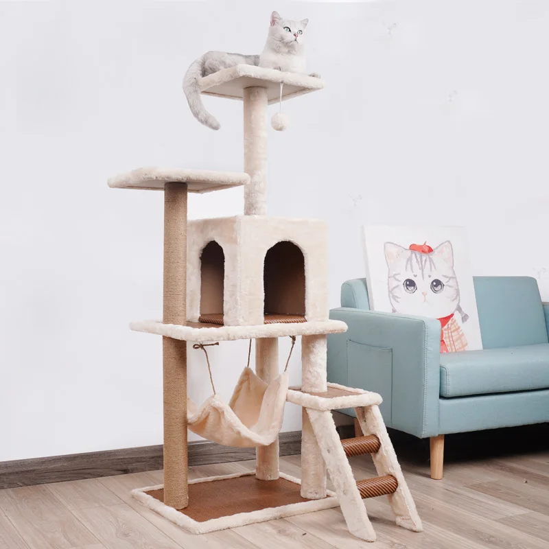 
Wooden Cat House Tree Big Climbing Deluxe Cat Scratcher Tree Tower Summer Sleeping Mat 