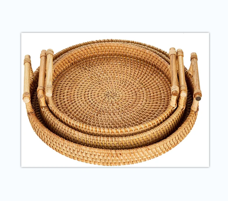 Round Rattan Bread Tray Rattan Serving Tray with Handle for Bread Fruit Food Breakfast