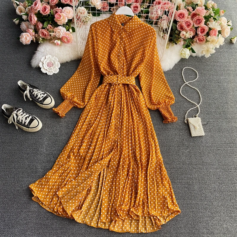 Polka Dot Blouse Collar Long Sleeve Dress 2021 Spring and Autumn New Elegant Chiffon Dress Waist-Controlled Pleated Long Dress