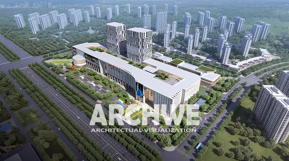 Commercial center in architectural rendering, also eco friendly architecture, office , industrial park,