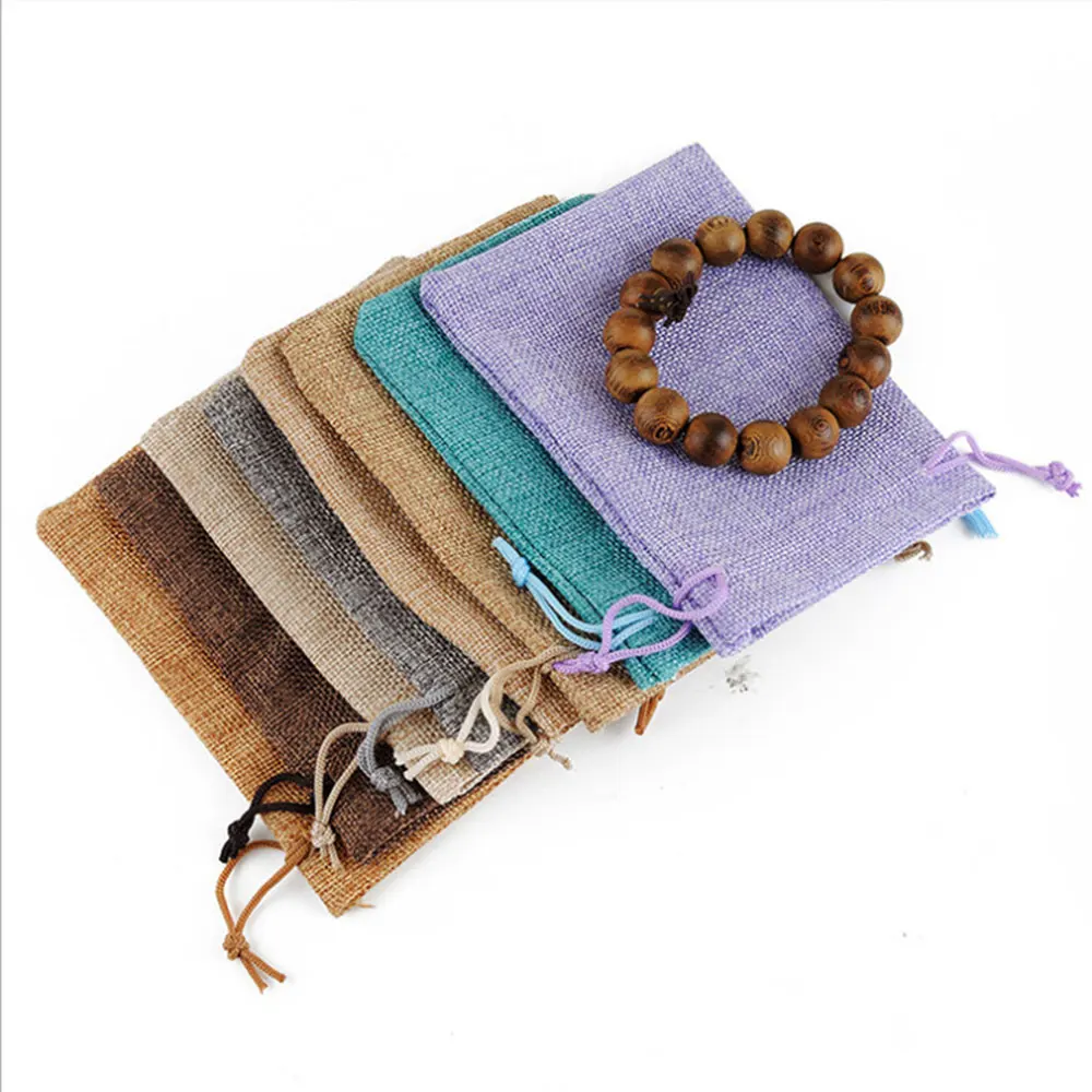 Durable using pink mini jute cotton linen drawstring gift bags pouch burlap custom logo for jewelry coffee