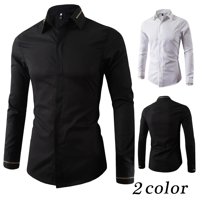 
Fashion trend new zipper decoration pure white black handsome long-sleeved mens shirts 