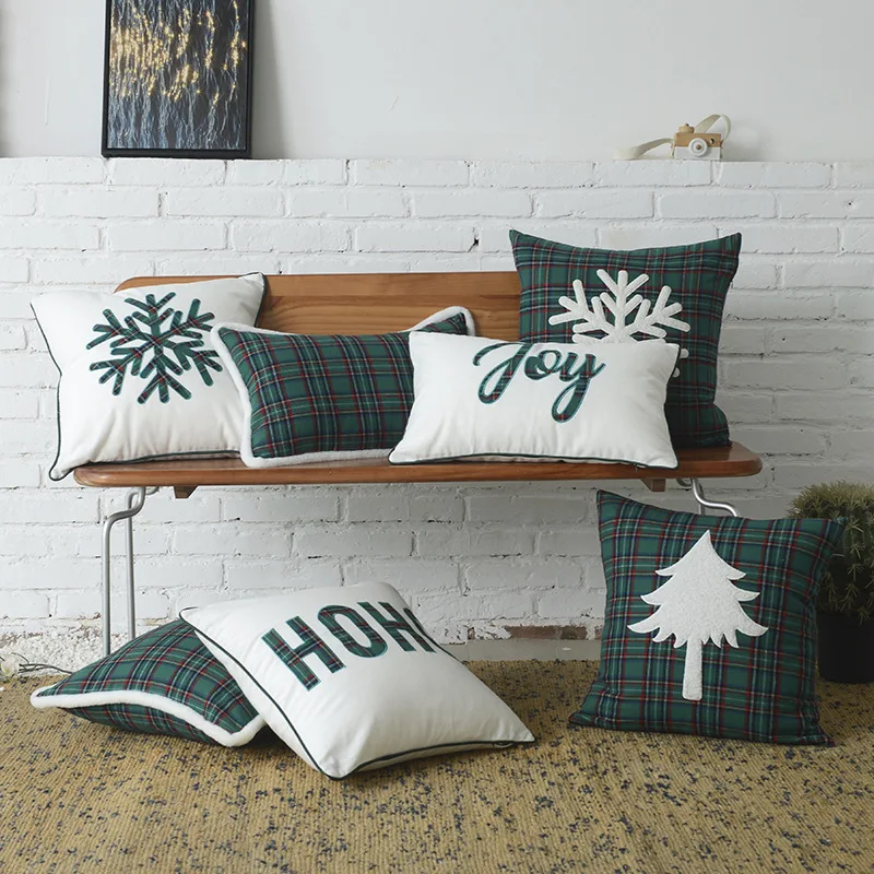 Cotton Mixed Green White Plaid Christmas Cushion Covers For Sofa, Buffalo Throw Pillow Cases For Decoration/
