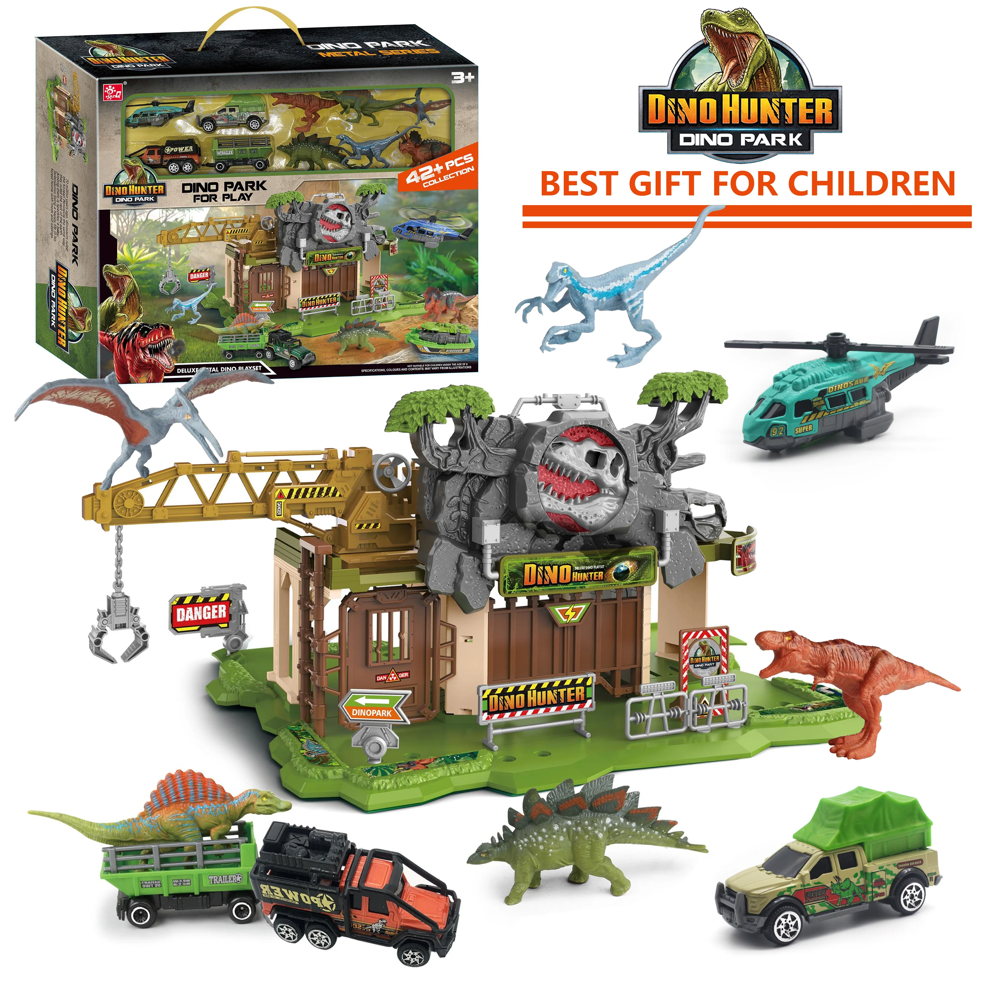 Sunq Factory Wholesale 42+Pcs Toy Diy Assembly Dinosaur Park Alloy Toy Car Truck Vehicles Set Dinosaur Hunt Park For Kid