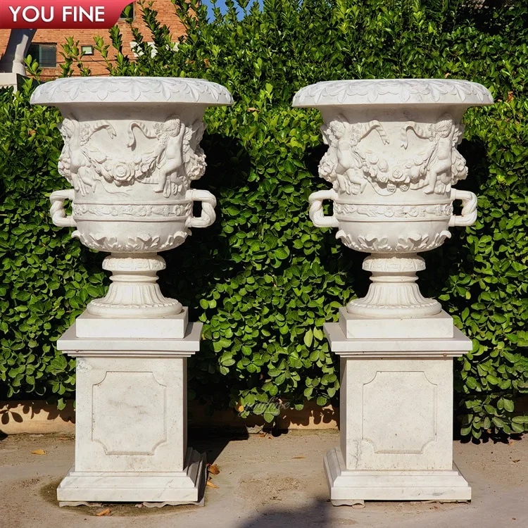 Exquisite Hand-Carved Garden Marble Flower Vase Statue Large Planter Pots Statue