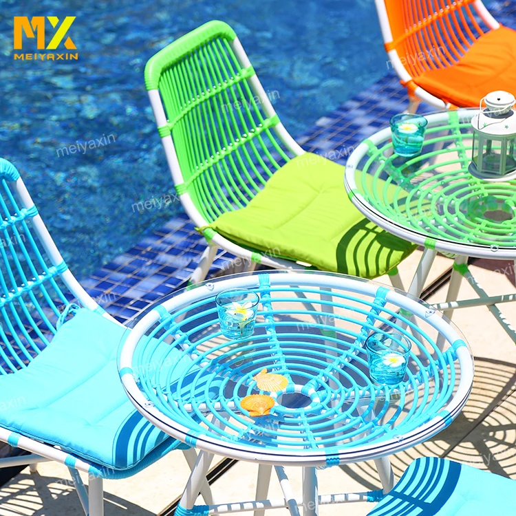 MX Leisure outdoor garden decor plastic blue rattan backyard dining furniture set