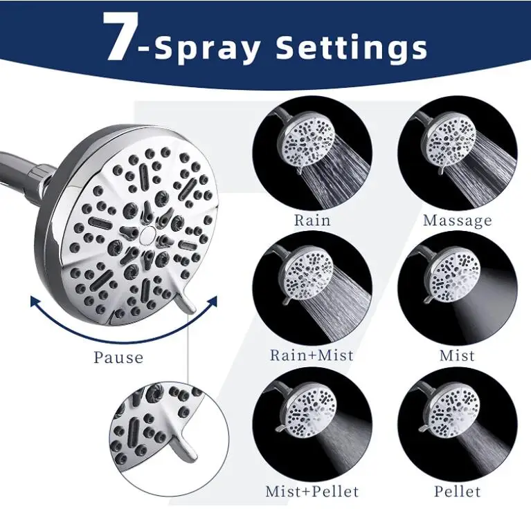 High Pressure Shower Head 7 Settings Fixed Showerhead High Flow Bathroom Showerhead with Adjustable Brass Ball Joint