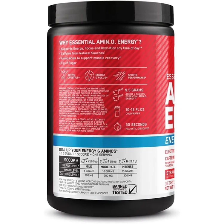 Strawberry Burst Amino Energy Plus Electrolytes Energy Drink Powder Caffeine for Pre-Workout Energy and Amino Acids/BCAAs